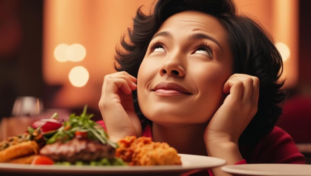 mujer pensando con un plato de comida delante