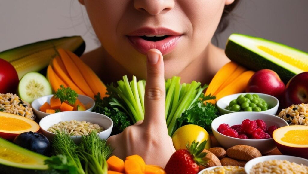 chica pidiendo silencia rodeada de alimentos