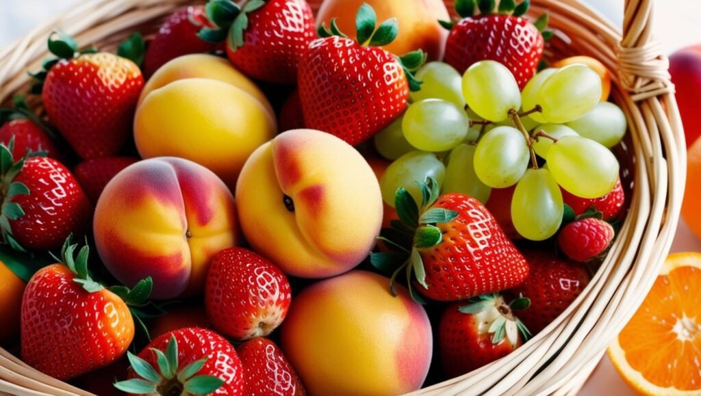 cesta con uvas, fresas y melocotones