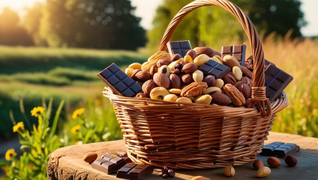 cesta con frutos secos, legumbres y chocolate negro