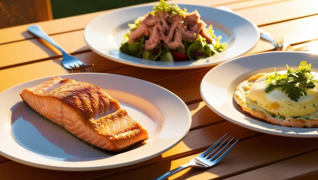 mesa con un plato de salmón, una ensalada de atún y una tortilla francesa