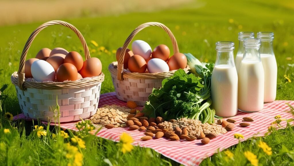 picnic en el campo con huevos, cereales, verduras, almendras y botellas de leche
