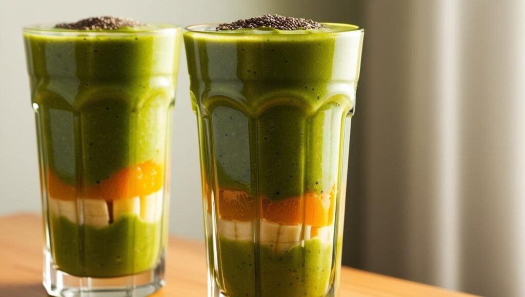 smoothie de plátano, naranja y espinaca decorado con chía