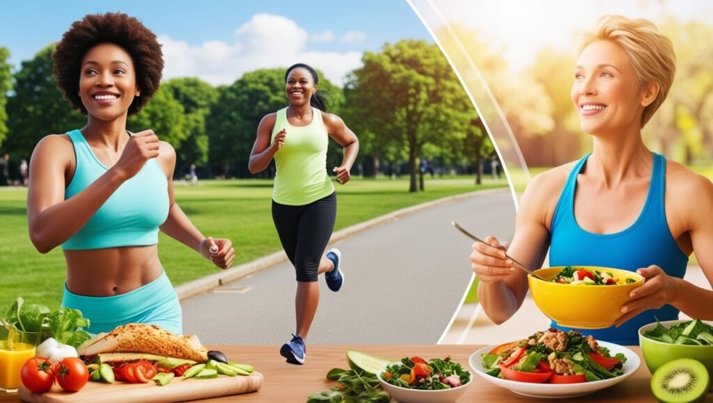 dos mujeres corriendo y una comiendo saludable