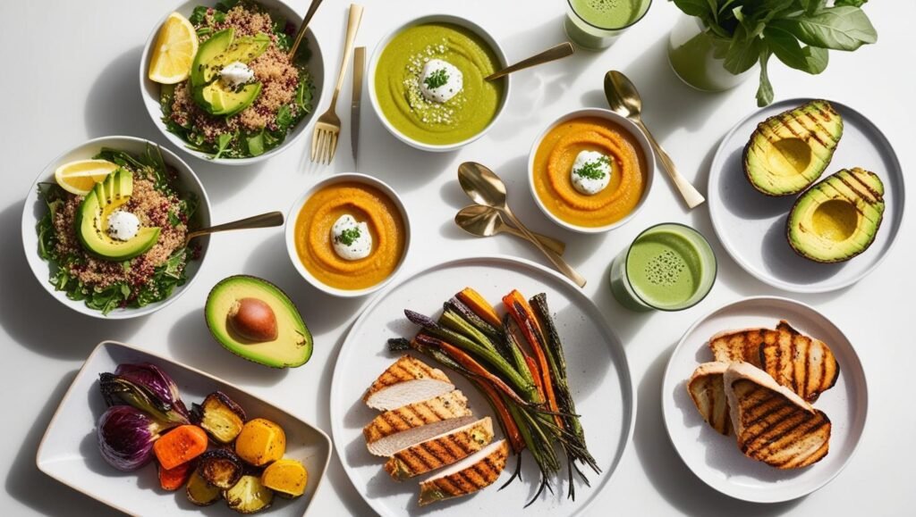 mesa con platos pequeños como una ensalada de quinoa y aguacate, crema de calabaza y jengibre, tostada de hummus y aguacate, pechuga de pollo con verduras y un batido verde