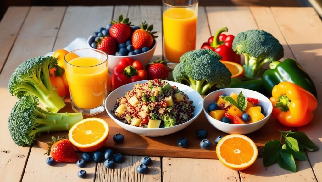 mesa con comida, fruta, verdura y zumos